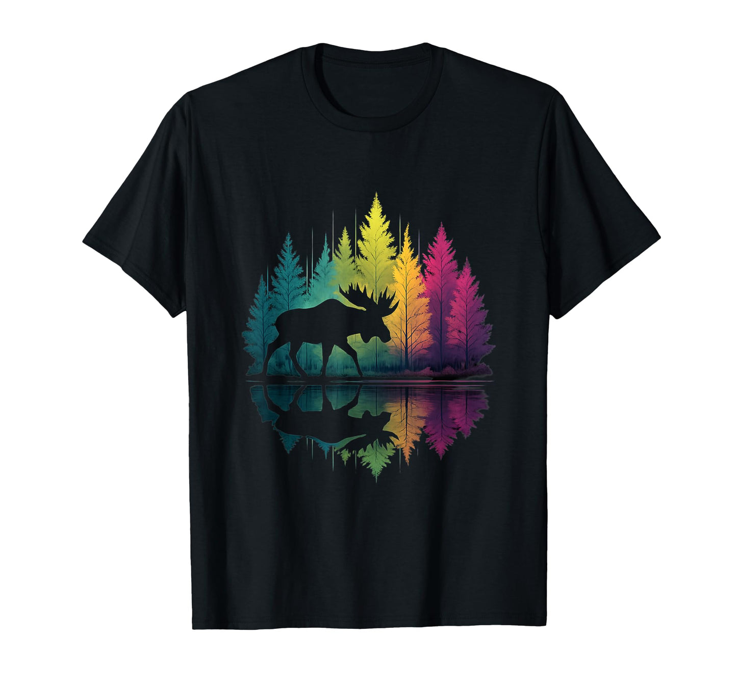 Moose Reflection Rainbow Trees Nature Lovers Tee T-Shirt