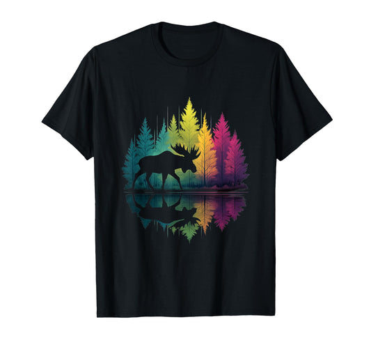 Moose Reflection Rainbow Trees Nature Lovers Tee T-Shirt