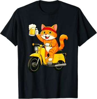 Cat on Moped with Beer - Funny Two Stroke Beer 1:50 Cat T-Shirt