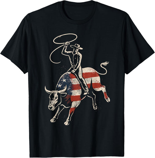 American Rodeo Bull Rider USA Flag Patriotic Western Cowboy T-Shirt