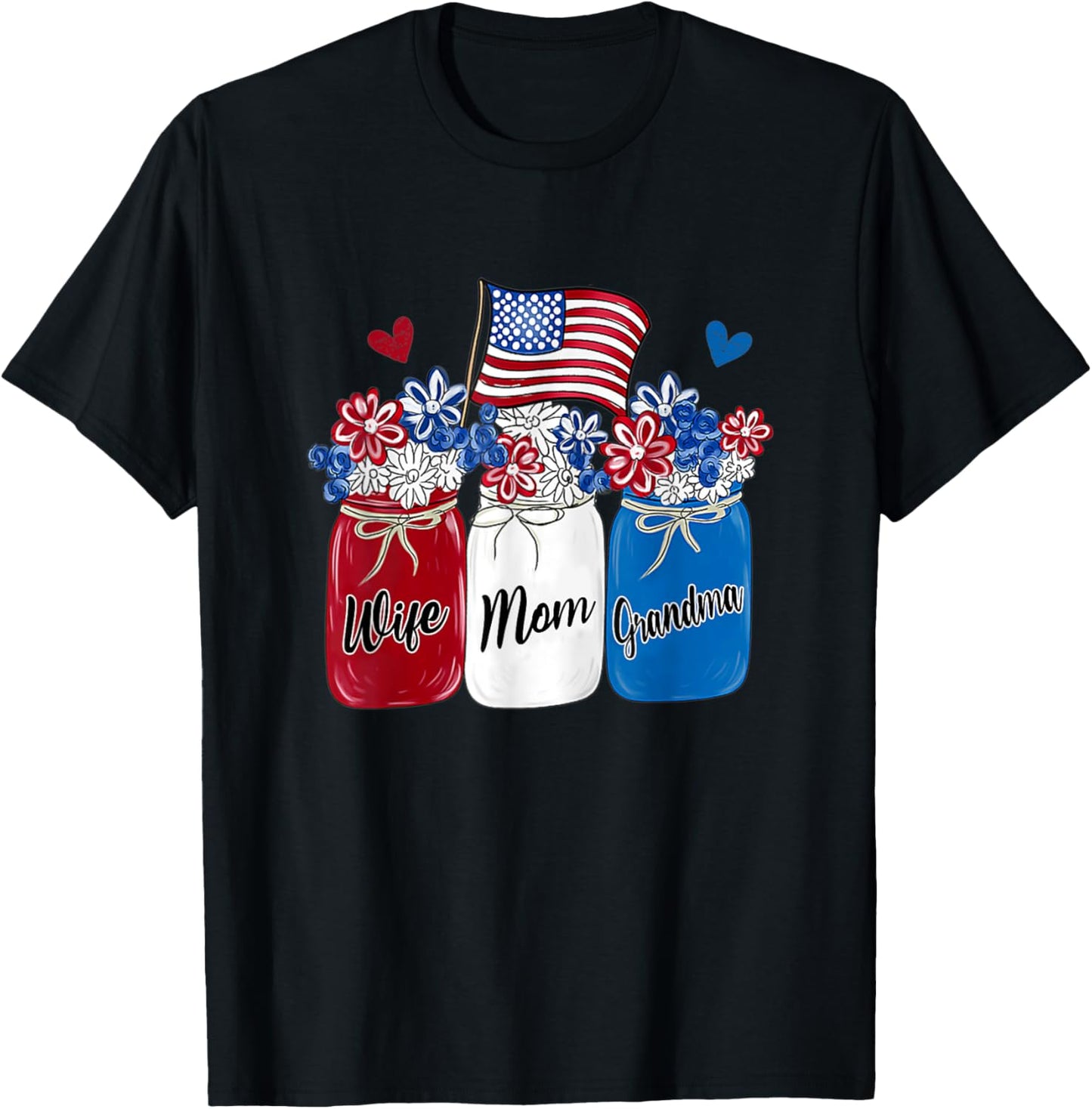 Womens Wife Mom Grandma Sunflower American Flag 4th of July T-Shirt