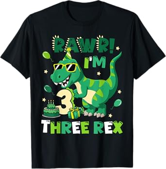 Kids Three Rex Birthday Party Outfit Dinosaur 3 Year Old Boy T-Shirt