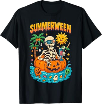 Summerween Skeleton Vibes Chillin in a Pumpkin Float T-Shirt
