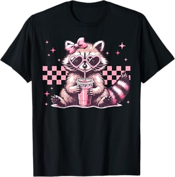 Funny Raccoon Women Girls Coquette Animal Drinking Groovy T-Shirt