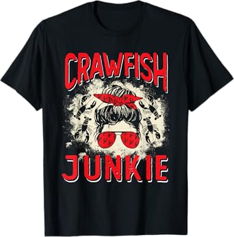 Bleached Crawfish Junkie Women Messy Bun Funny Crawfish Boil T-Shirt