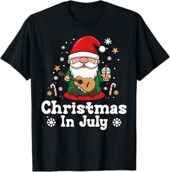 Funny Vacation Christmas In July Santa Gnome Guitar Summer T-Shirt
