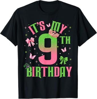 Birthday Girl It's My 9Th Birthday Witch Pink And Green T-Shirt