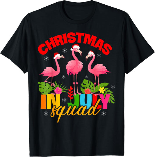 Christmas In July Squad Flamingo Santa Hat Kids Men Women T-Shirt