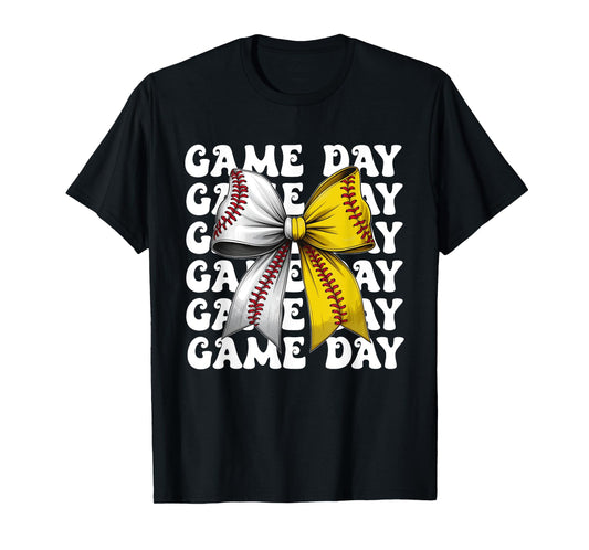 Baseball Softball Coquette Bow Game Day Women Mama Mom Life T-Shirt