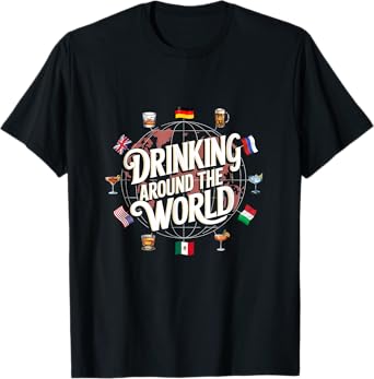 Funny Drinking Around The World Drink T-Shirt - Funny Drinking Around The World Drink - Black - Unisex-Adults - Short Sleeve - T-Shirt - Polyester 100% - Modern Cartoon Round Collar - Small