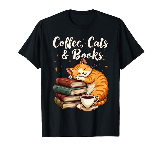 Coffee Cats & Books Lover, For Women & Girls, Funny Coffee T-Shirt