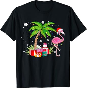 Pink Flamingo Christmas Palm Tree Tropical Xmas Funny T-Shirt