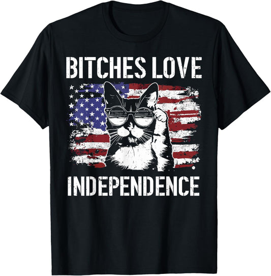 Bitches Love Independence Funny Cat Usa Flag 4th Of July T-shirt