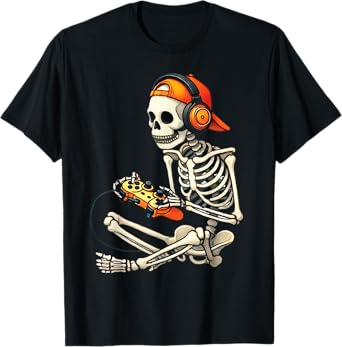 Halloween Skeleton Gamer Video Gaming Boys Men Kids Tees T-Shirt