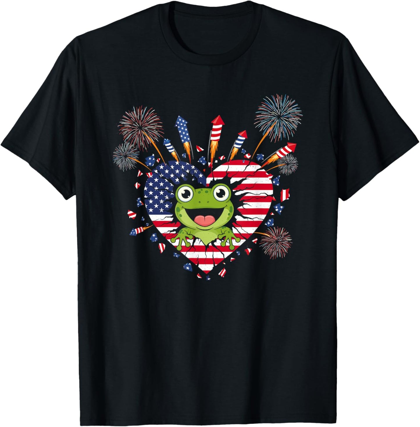 Funny Fireworks Heart Frog American Usa Flag 4th Of July T-shirt