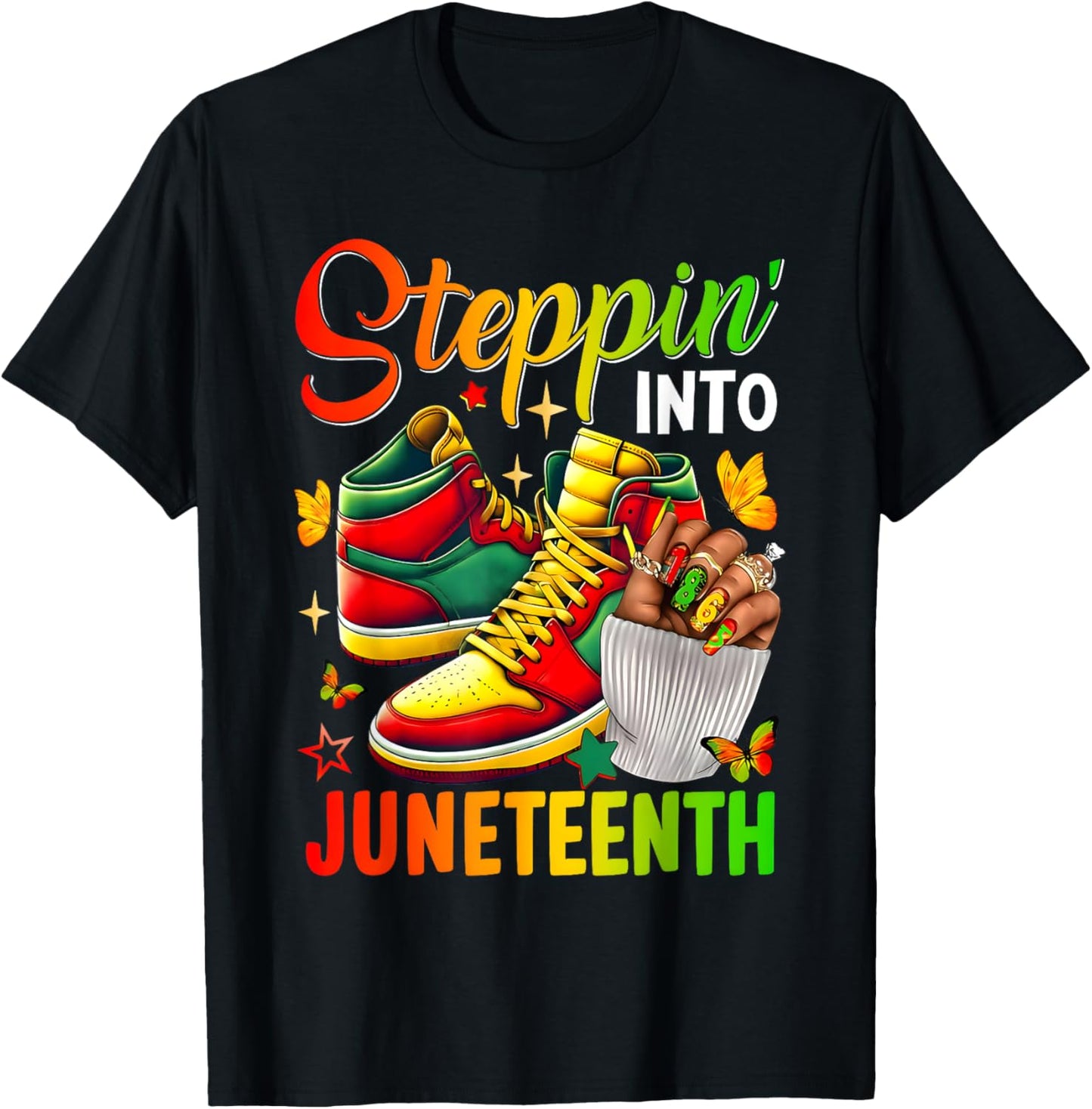 Stepping Into Juneteenth Afro Woman Black Girls Sneakers T-Shirt