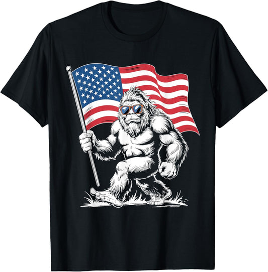 Bigfoot Merica Rock Patriotic American Flag 4th Of July T-Shirt