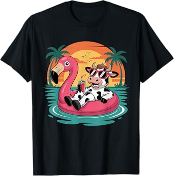 Funny Cow Hawaiian Flamingo Float Beach Summer Vacation T-Shirt
