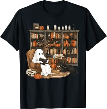 Vintage Ghost Reading Book Lovers Library Halloween Spooky T-Shirt