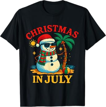 Christmas In July Snowman Summer Beach Vacation Funny Xmas T-Shirt