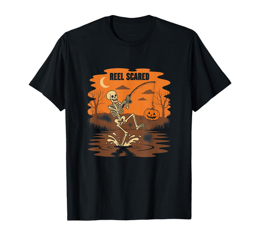 Reel Scared Skeleton Fishing Halloween Pumpkin Lake T-Shirt