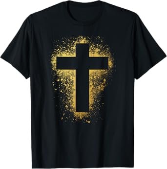 Gold Effect Crucifix t-shirt, paint splatter, art, God, amen