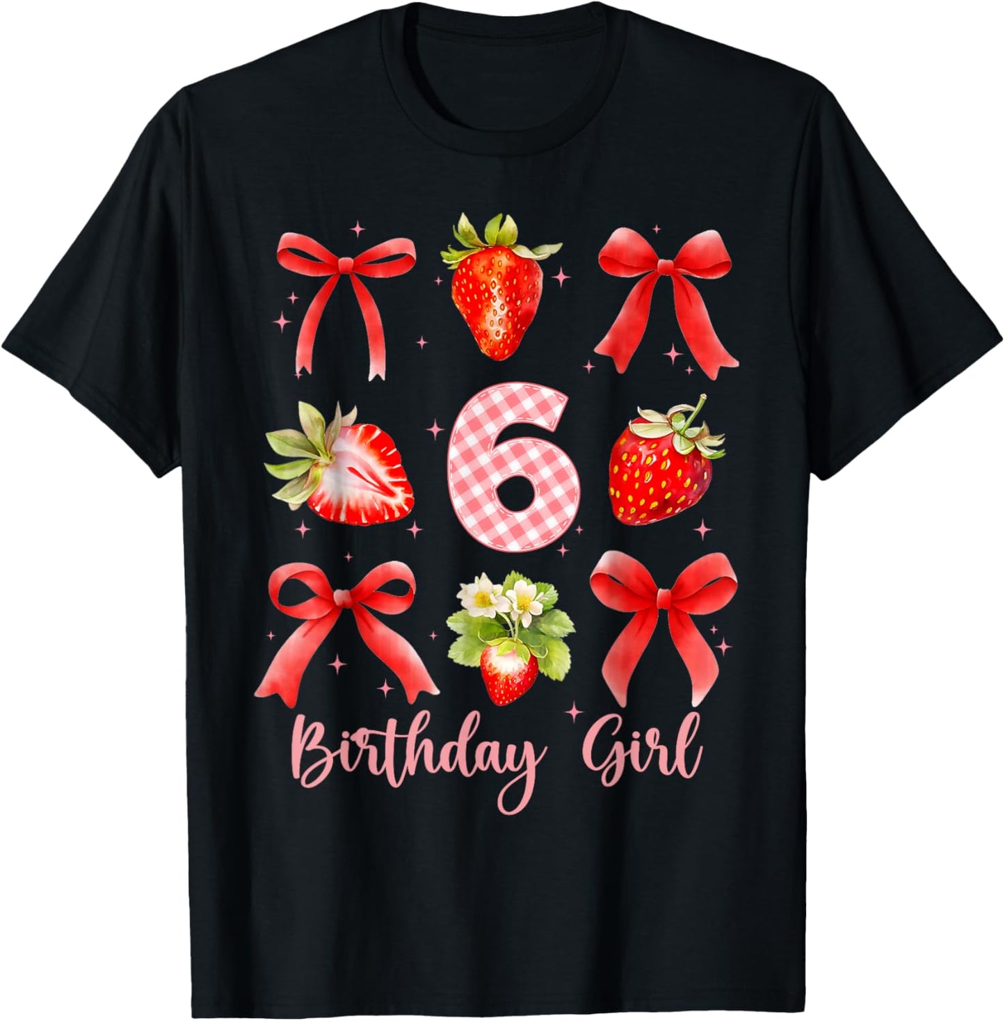6th Birthday Girl Strawberry Coquette Bow 6 Year Old Bday T-Shirt