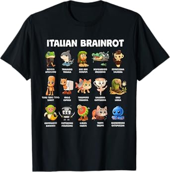 Types of Italian Brainrot Meme Character Hand Drawn for Kids T-Shirt
