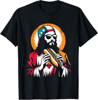 Jesus Eating Hot Dog - Funny Christian Religious Hot Dogs T-Shirt for Men Women Girls Kids