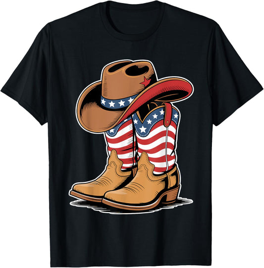Western Patriotic American Flag Cowboy Boots 4th Of July T-shirt