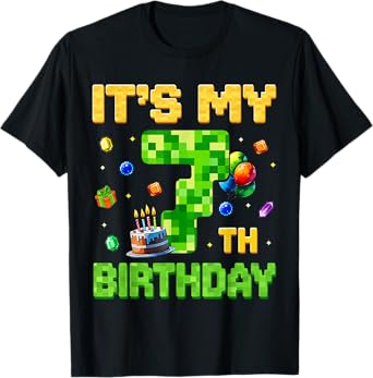 Funny Birthday Boy Kid It's My 7th Birthday Video Game Pixel T-Shirt