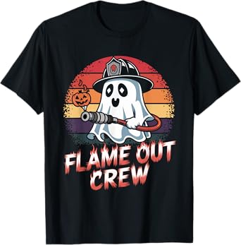 Flame Out Crew Ghost Firefighter Halloween Retro Tee T-Shirt