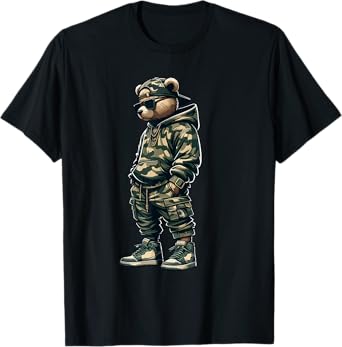 Graphic Camo Hip Hop Teddy Bear Cool Rapper Streetwear T-Shirt