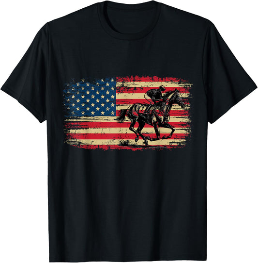Patriotic Horse Racing Jockey Vintage American Flag Usa T-Shirt