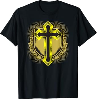 Distressed Golden Cross Christian Coat of arms Design T-Shirt