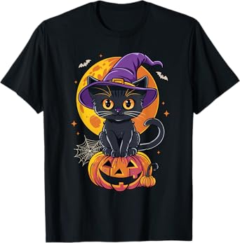 Black Cat Halloween Shirts For Men Women Pumpkin Halloween T-Shirt