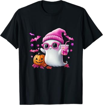 Cute Pink Ghost Halloween - Fun Retro Ghost with Pumpk T-Shirt