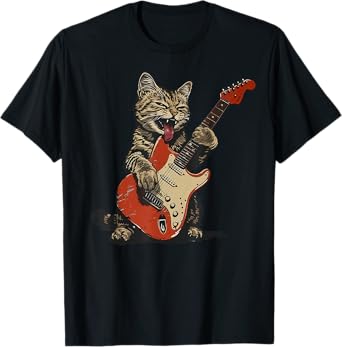 Rock and Roll Guitar Cat Vintage ROCK Guitarist Cat Men Women Girls Kids T-Shirt