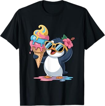 Cute Penguin Holding Ice Cream Funny Summer Foodie Lovers T-Shirt