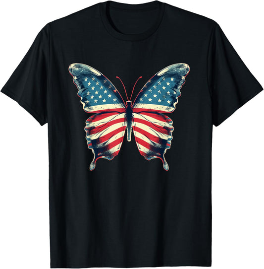 Butterfly USA Flag Vintage Cute American 4th Of July Girl T-Shirt