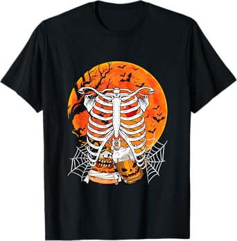 Horror Beer Pizza Inside Rib Cage X-ray Skeleton Halloween T-Shirt