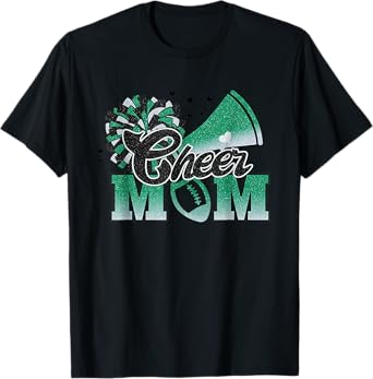 Cheer Mom Biggest Fan Cheerleader Black Green White Pom Pom T-Shirt