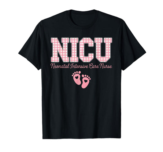 NICU Nurse Neonatal Care Pink Gingham Heart Baby Footprints T-Shirt