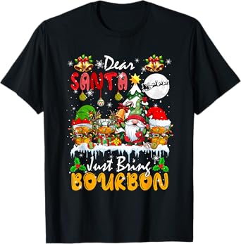 Just Bring Bourbon Christmas Three Santa Elf Bourbon Glasses T-Shirt