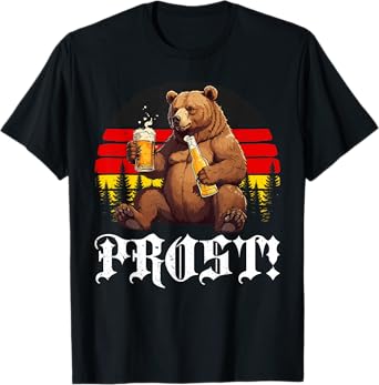 Retro Prost Oktoberfest Bear Drinking Beer Germany Flag Men T-Shirt