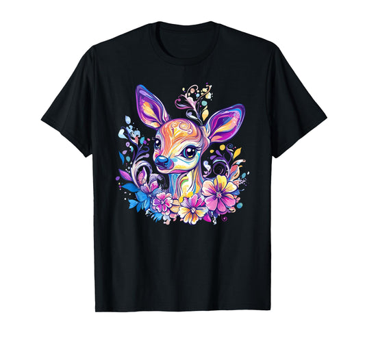 Whimsical Deer With Colorful Floral Pattern T-Shirt