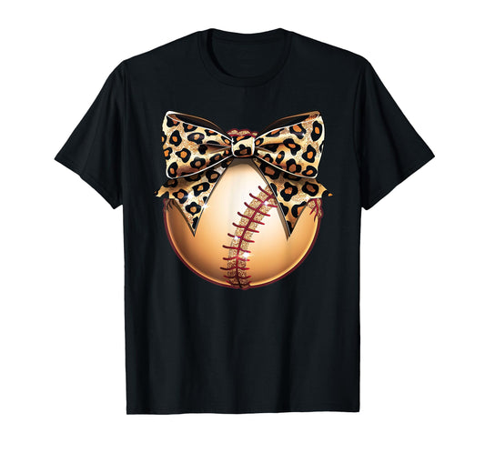 Cute Leopard Cheetah Print Ribbon Bow Baseball Mom Sister T-Shirt