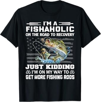 I'm A Fishaholic On The Road To Recovery T-Shirt - Unisex, Black, Small, Short Sleeve, Fishing, Humorous, Cotton Blend, Crew Neck, Pull On, 1 Count, 0 Pockets