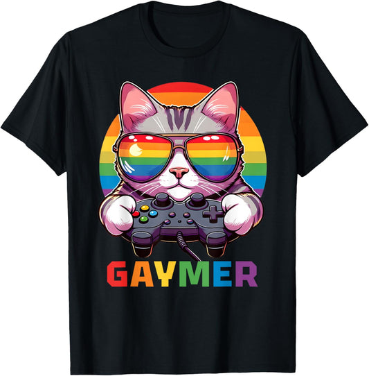 Funny Gaymer Cat Gamer LGBTQ Pride Rainbow Video Game Lover T-Shirt