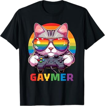 Funny Gaymer Cat Gamer LGBTQ Pride Rainbow Video Game Lover T-Shirt for Men Women